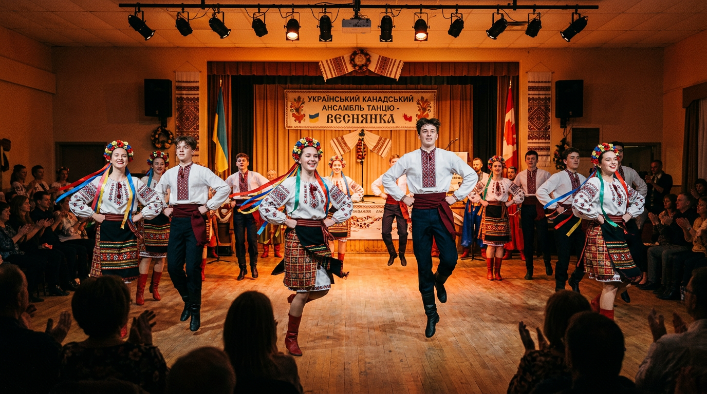 Young dancers in embroidered shirts and flower wreaths performing a Ukrainian folk dance on stage