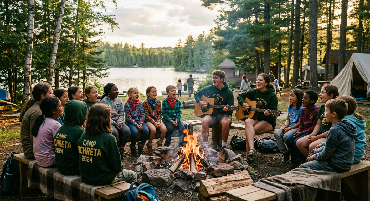 Children and counsellors singing around a campfire by a lake at golden hour